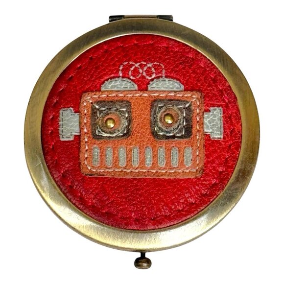 Fossil Scarlet Penelope Robot Dual Mirror Compact SL3827602 Leather Brass Gift - Picture 1 of 7